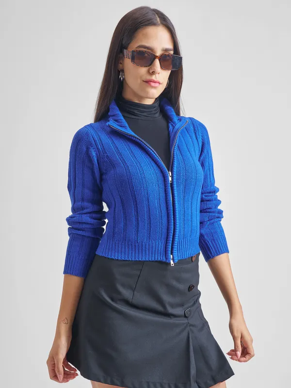 Tokyo Talkies Women Blue Mock Collar Sweater