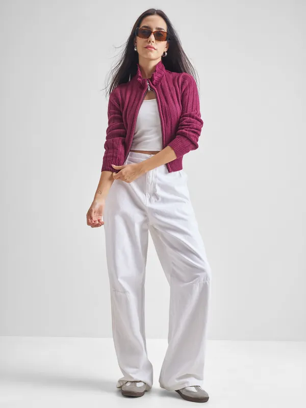 Tokyo Talkies Women Maroon Mock Collar Sweaters