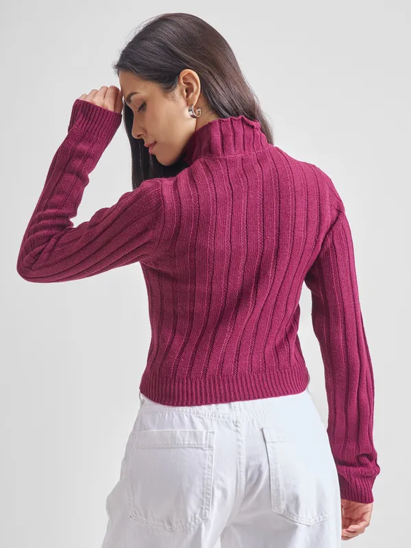 Tokyo Talkies Women Maroon Mock Collar Sweaters