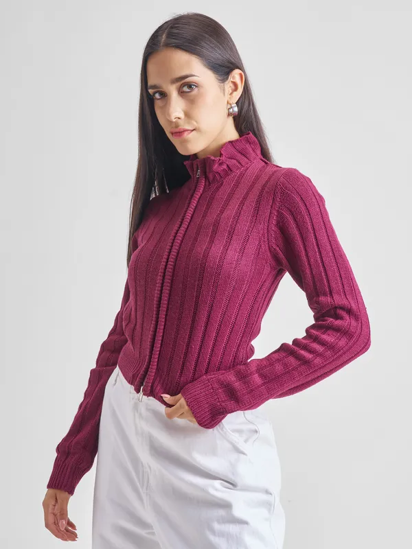 Tokyo Talkies Women Maroon Mock Collar Sweaters