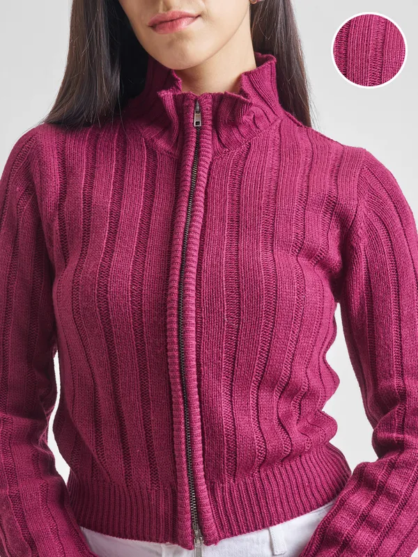 Tokyo Talkies Women Maroon Mock Collar Sweaters