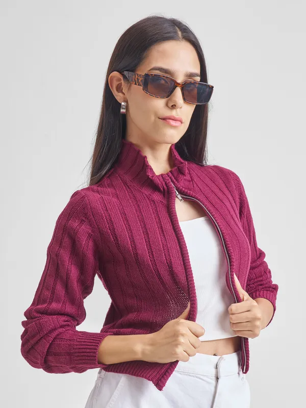 Tokyo Talkies Women Maroon Mock Collar Sweaters