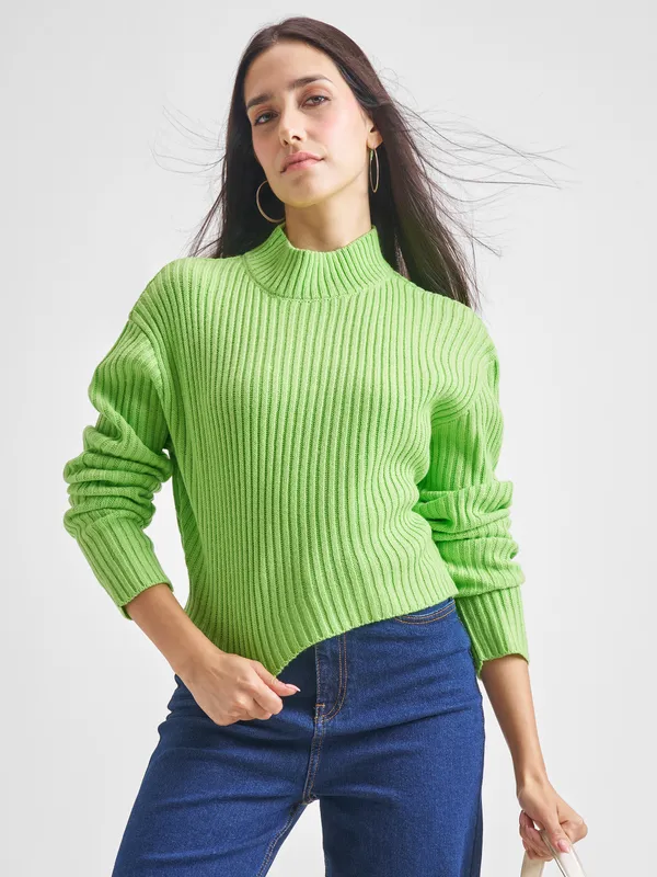Tokyo Talkies Women Green High Neck Sweaters