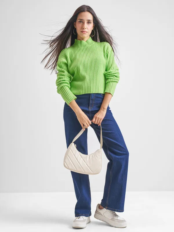 Tokyo Talkies Women Green High Neck Sweaters