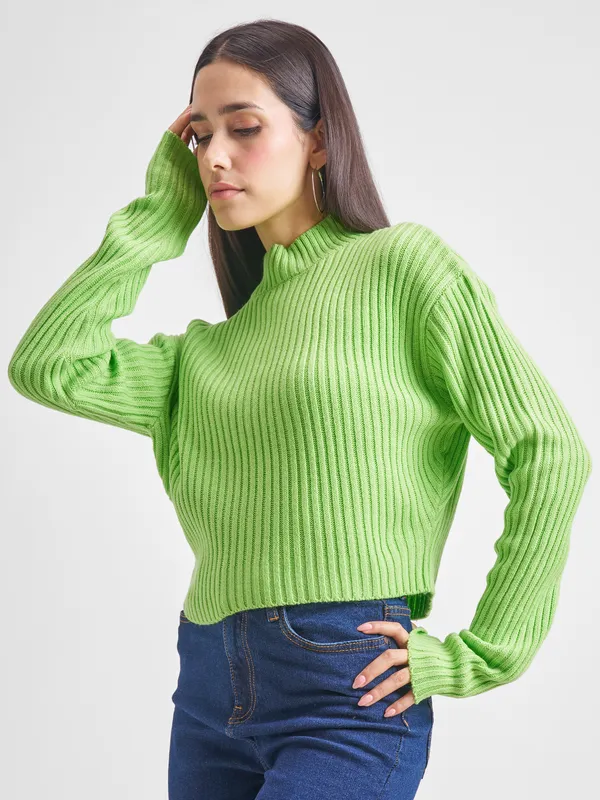 Tokyo Talkies Women Green High Neck Sweaters