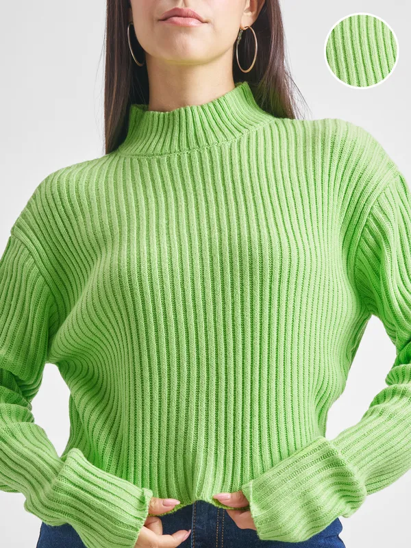 Tokyo Talkies Women Green High Neck Sweaters