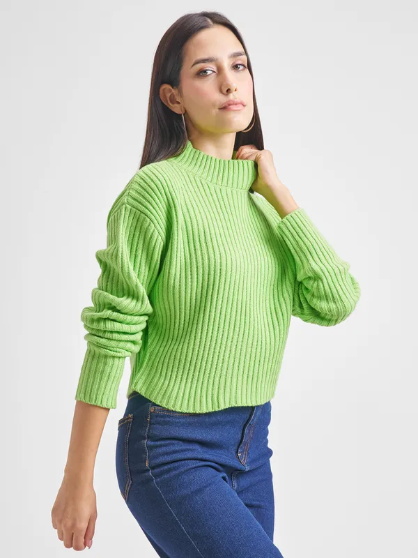Tokyo Talkies Women Green High Neck Sweaters