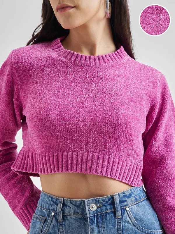 Tokyo Talkies Women Pink Round Neck Sweater