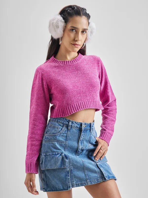 Tokyo Talkies Women Pink Round Neck Sweater