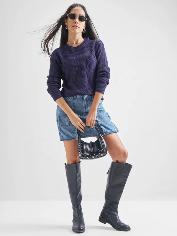  Tokyo Talkies Women Navy Blue Round Neck Sweaters