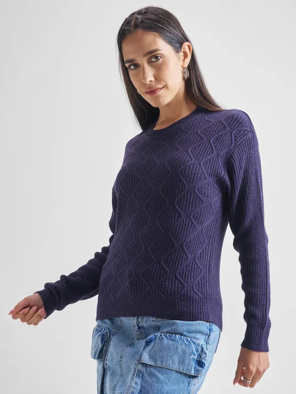  Tokyo Talkies Women Navy Blue Round Neck Sweaters