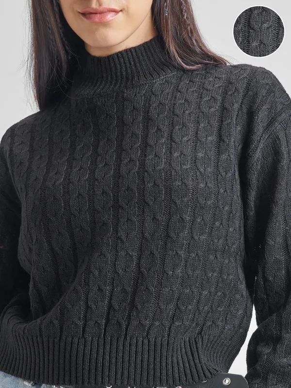  Tokyo Talkies Women Black High Neck Sweaters