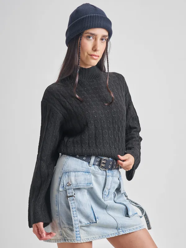  Tokyo Talkies Women Black High Neck Sweaters
