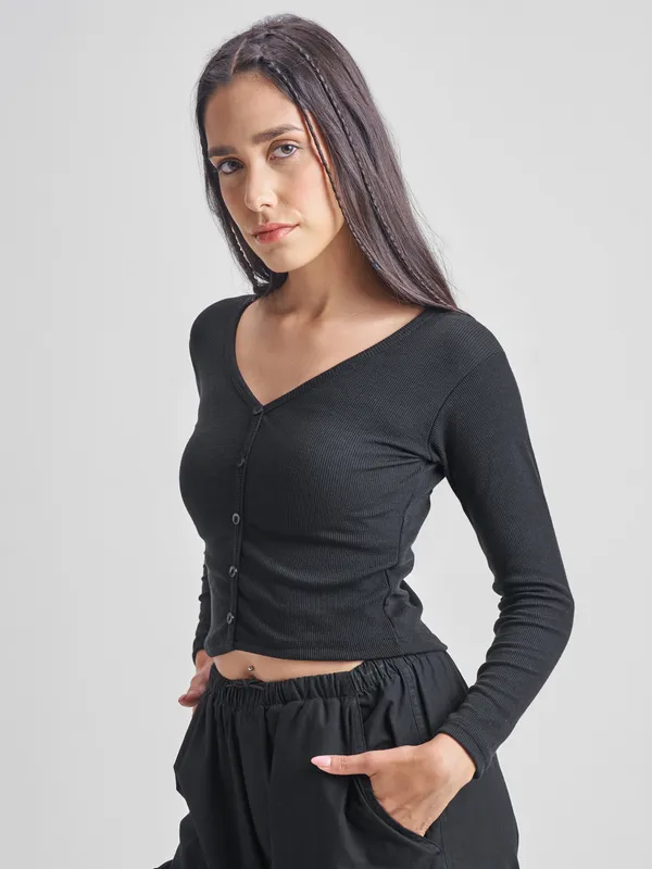 Tokyo Talkies Women Black V-Neck Sweater