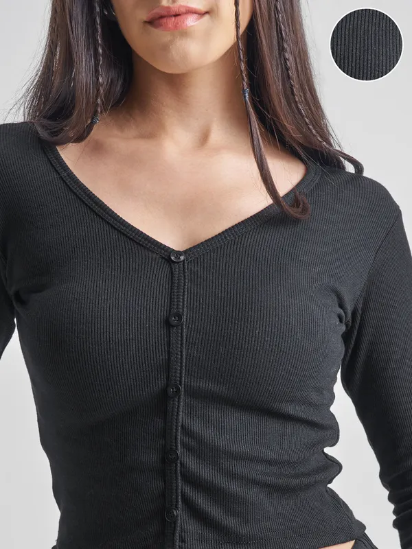 Tokyo Talkies Women Black V-Neck Sweater