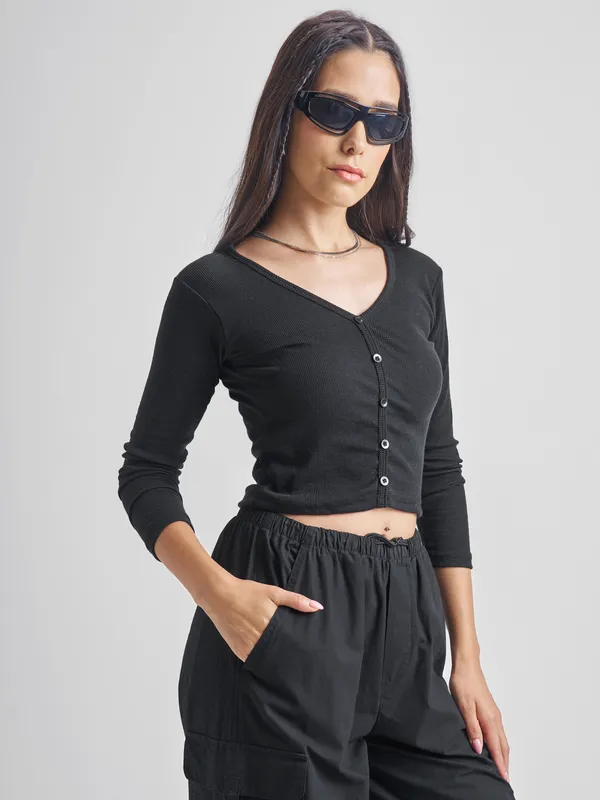 Tokyo Talkies Women Black V-Neck Sweater