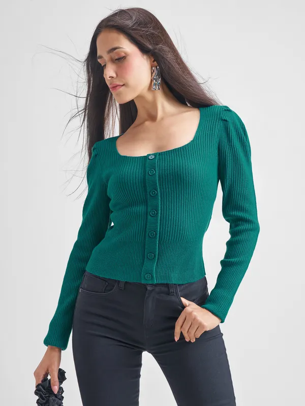  Tokyo Talkies Women Teal Square Neck Sweaters