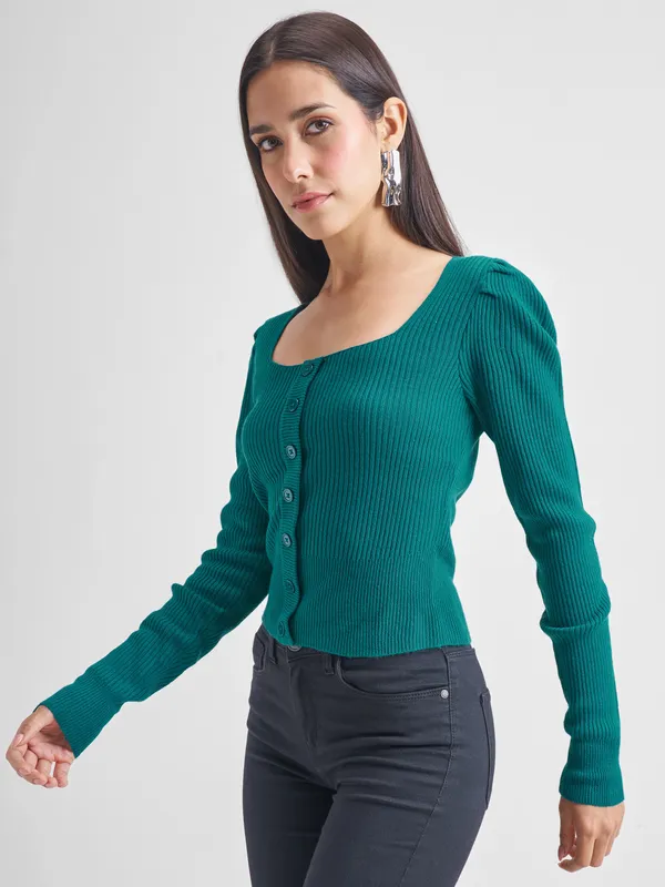  Tokyo Talkies Women Teal Square Neck Sweaters