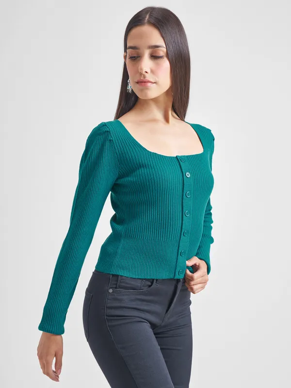  Tokyo Talkies Women Teal Square Neck Sweaters