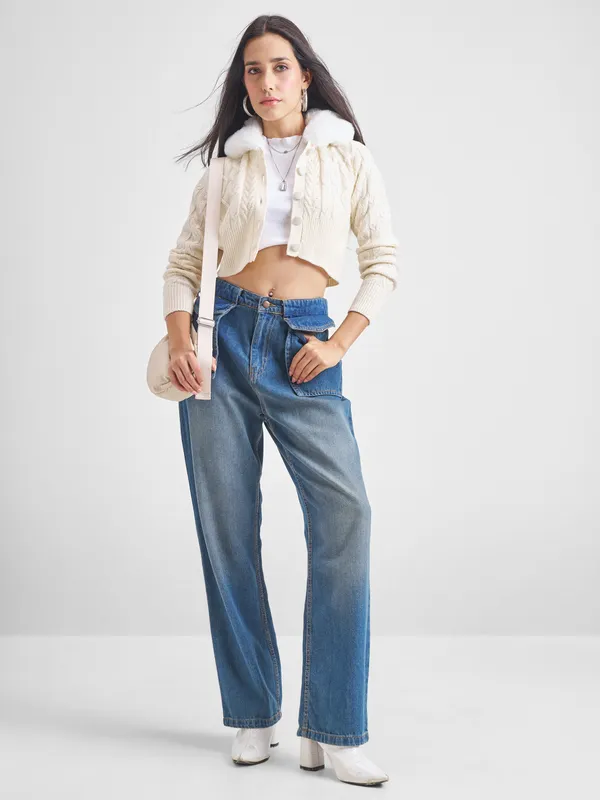  Tokyo Talkies Women White Lapel Collar Sweaters