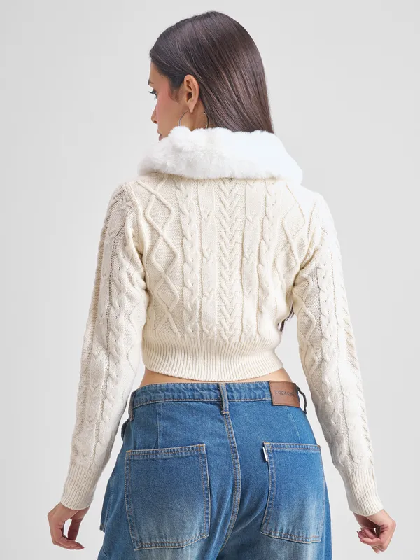  Tokyo Talkies Women White Lapel Collar Sweaters