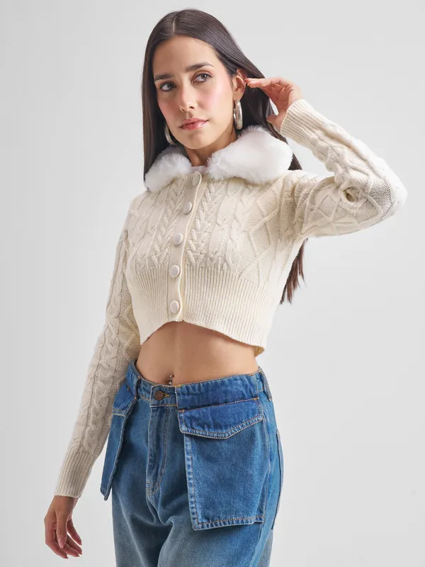  Tokyo Talkies Women White Lapel Collar Sweaters