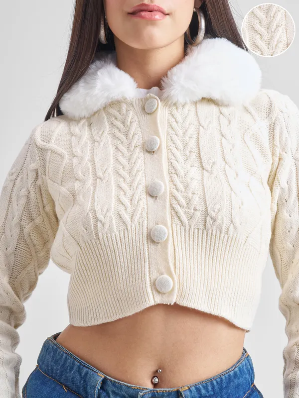  Tokyo Talkies Women White Lapel Collar Sweaters