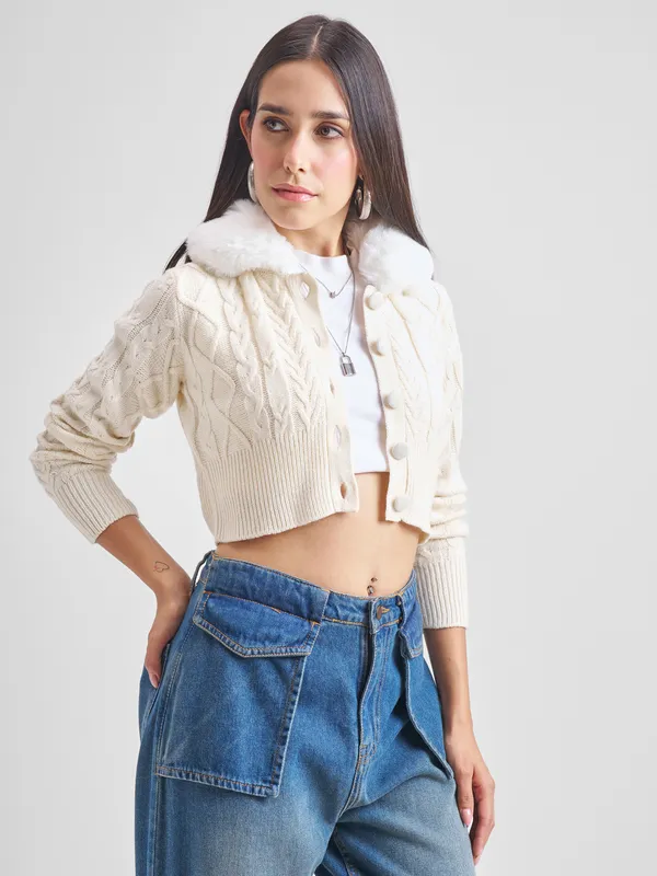  Tokyo Talkies Women White Lapel Collar Sweaters