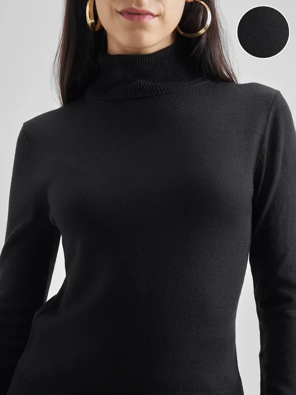 Tokyo Talkies Women Black Turtle Neck Sweater
