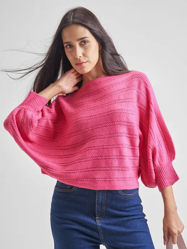 Tokyo Talkies Women Pink Boat Neck Sweater
