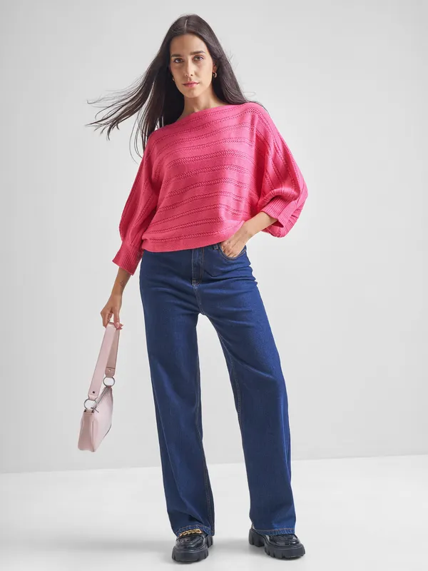 Tokyo Talkies Women Pink Boat Neck Sweater