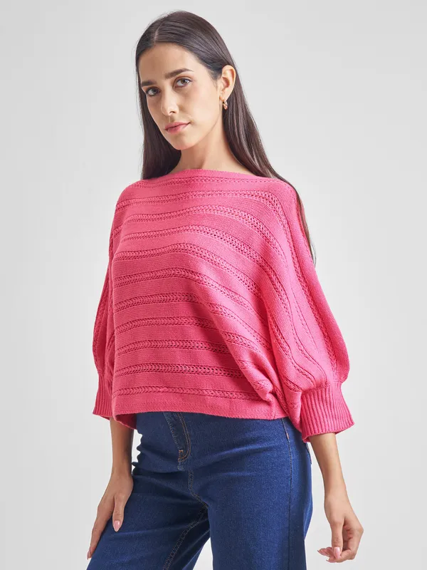 Tokyo Talkies Women Pink Boat Neck Sweater