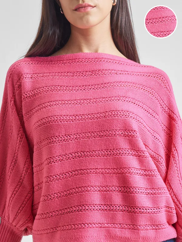 Tokyo Talkies Women Pink Boat Neck Sweater