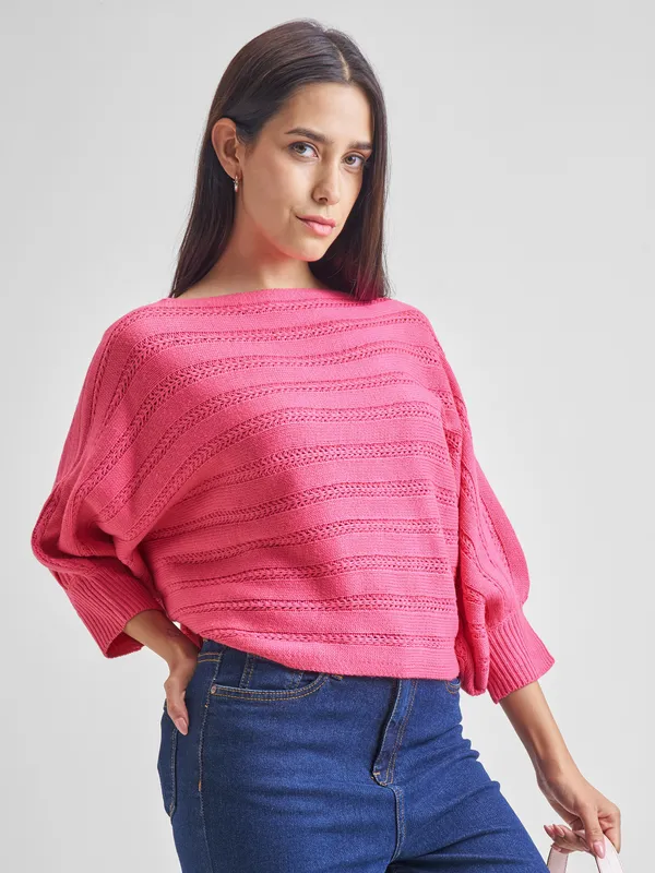Tokyo Talkies Women Pink Boat Neck Sweater