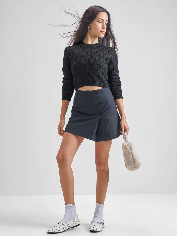 Tokyo Talkies Women Black Round Neck Sweater