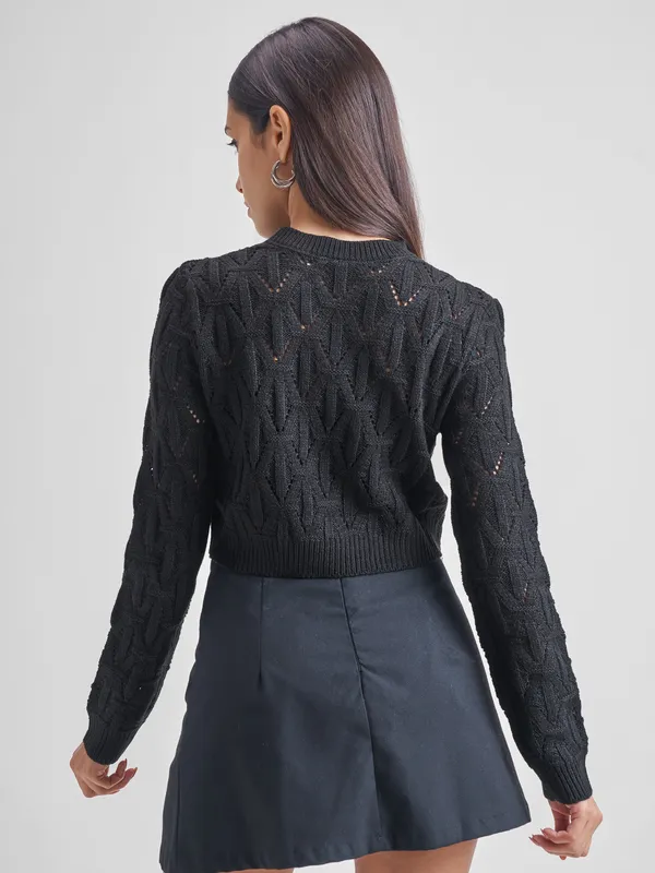 Tokyo Talkies Women Black Round Neck Sweater