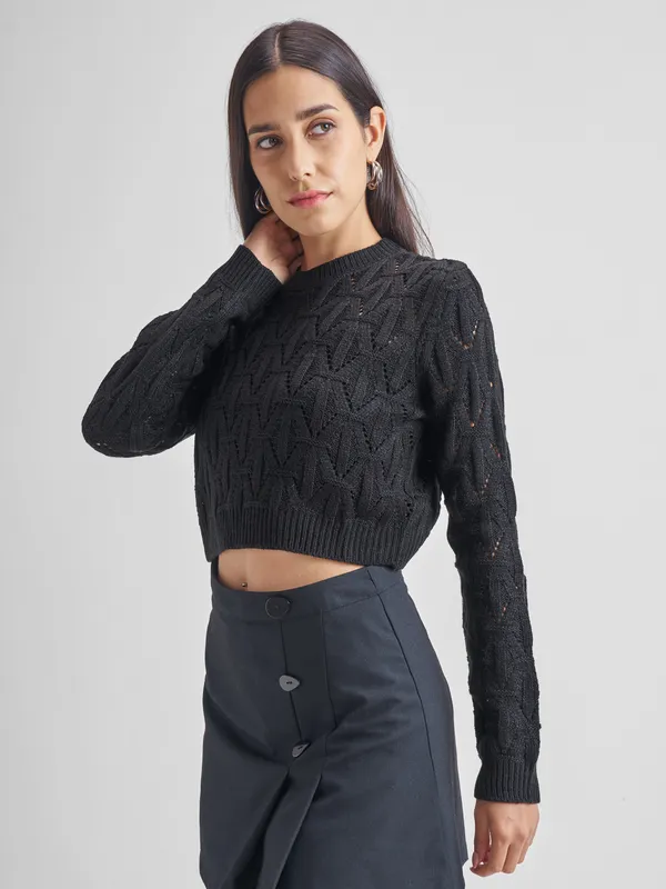 Tokyo Talkies Women Black Round Neck Sweater