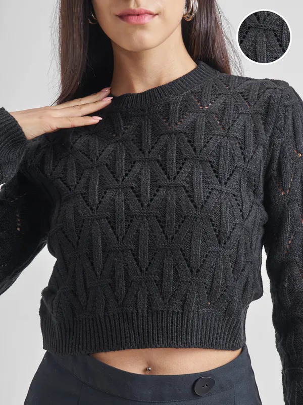 Tokyo Talkies Women Black Round Neck Sweater