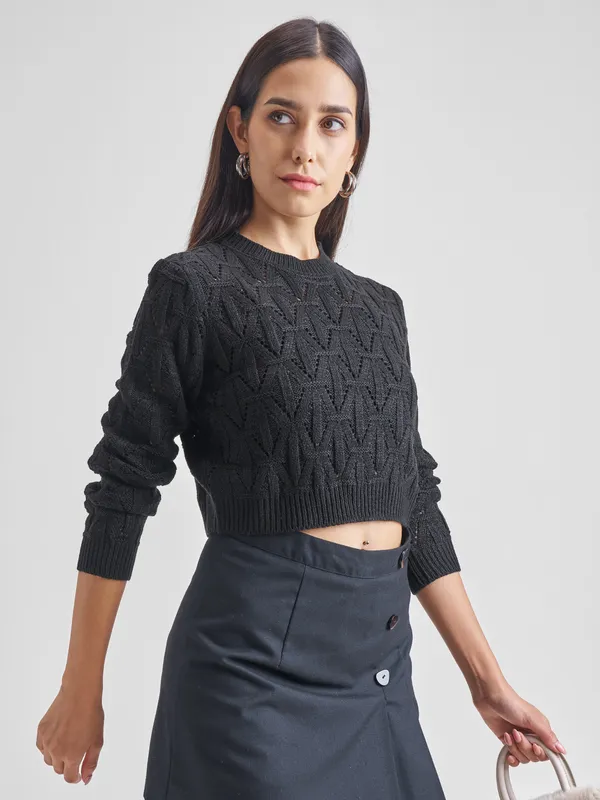 Tokyo Talkies Women Black Round Neck Sweater