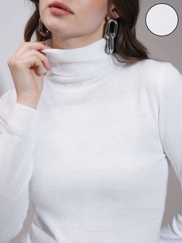 Tokyo Talkies Women Off White Turtle Neck Sweater