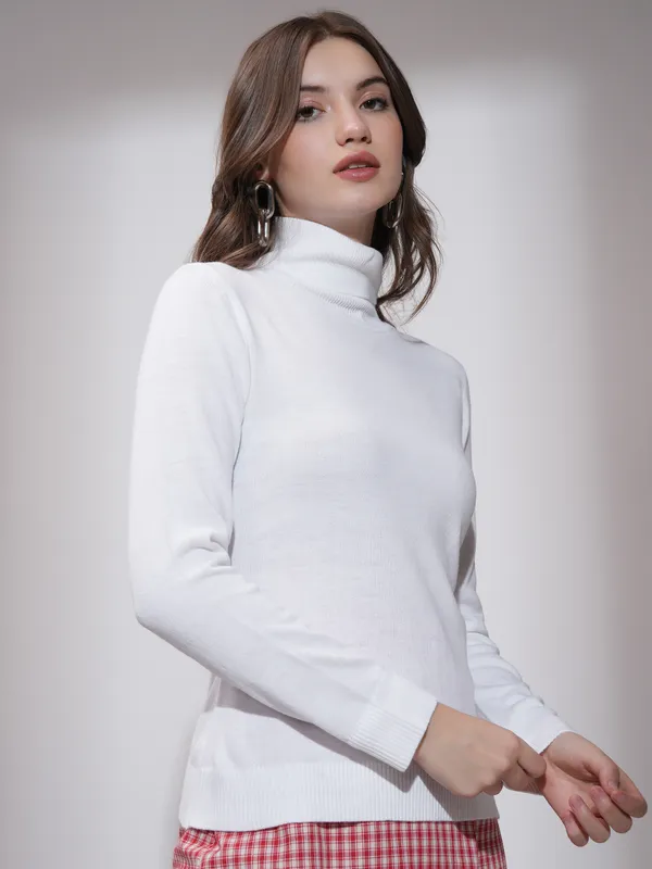 Tokyo Talkies Women Off White Turtle Neck Sweater