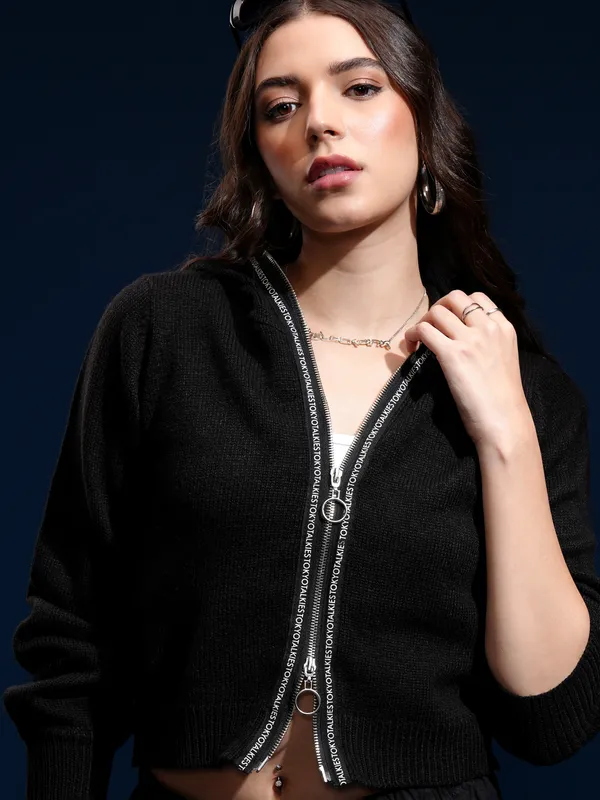 Tokyo Talkies Women Black Hood Sweater