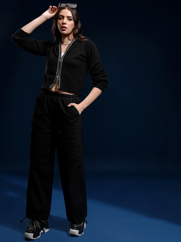 Tokyo Talkies Women Black Hood Sweater