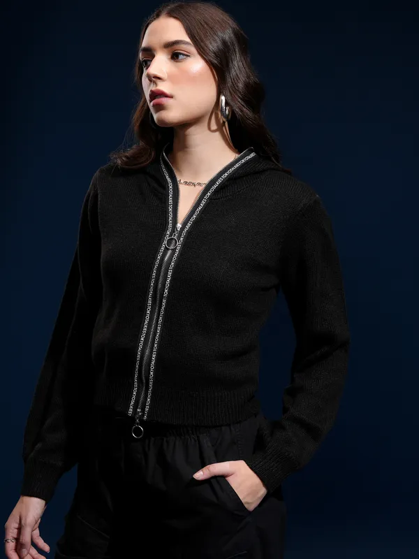 Tokyo Talkies Women Black Hood Sweater