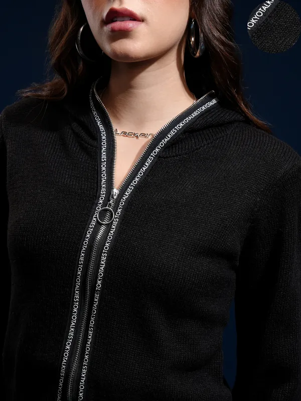 Tokyo Talkies Women Black Hood Sweater