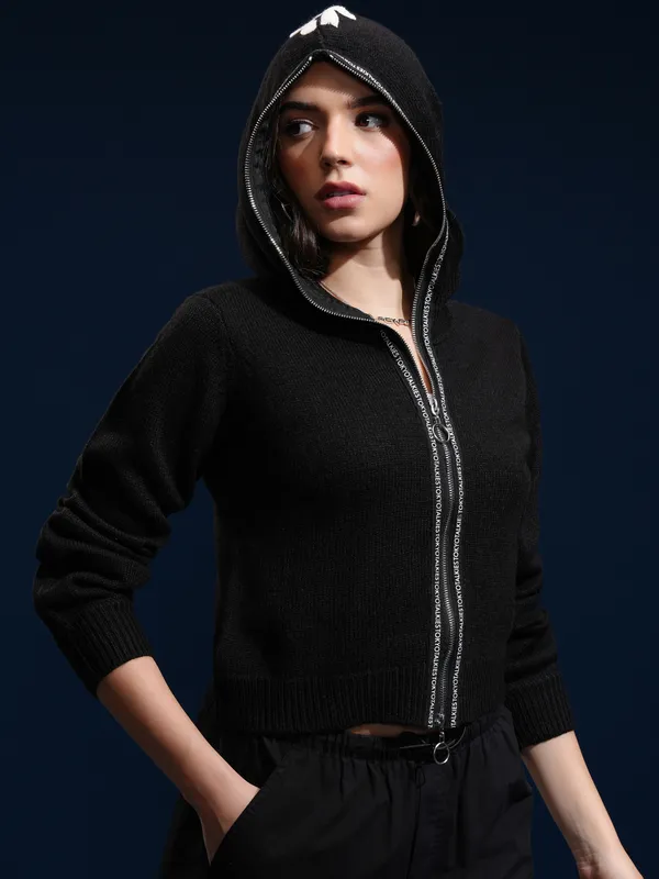 Tokyo Talkies Women Black Hood Sweater
