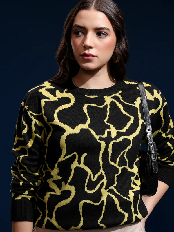 Tokyo Talkies Women Black Round Neck Sweater