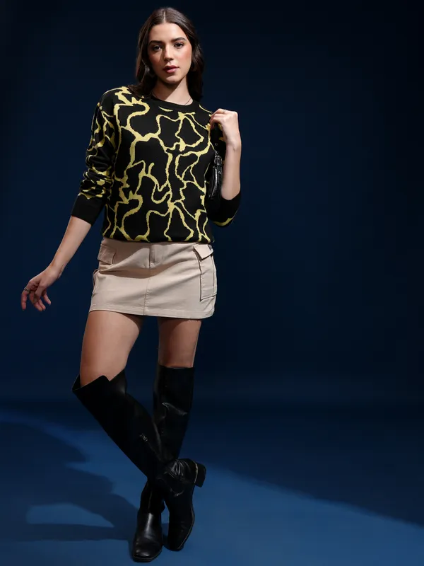 Tokyo Talkies Women Black Round Neck Sweater