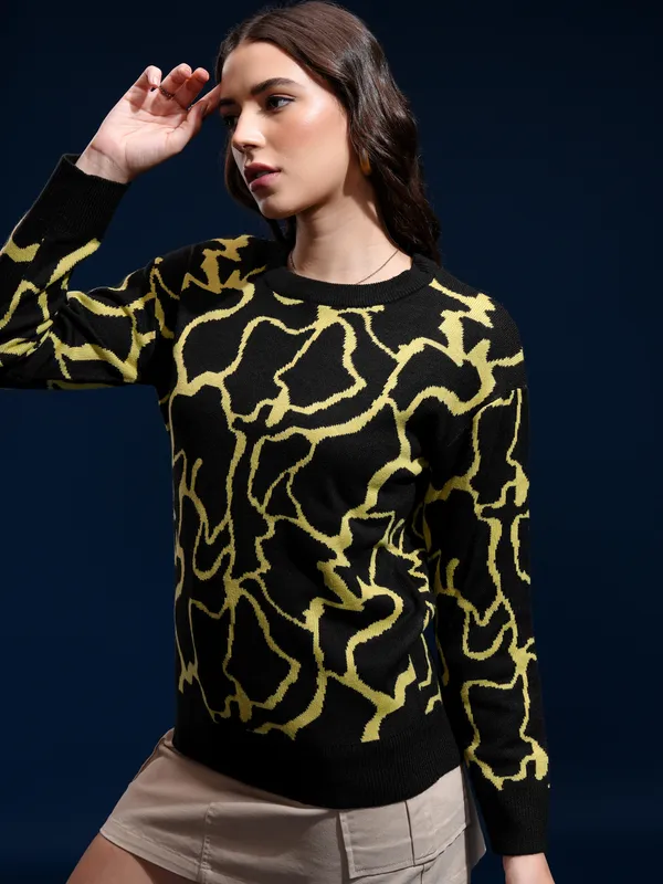 Tokyo Talkies Women Black Round Neck Sweater