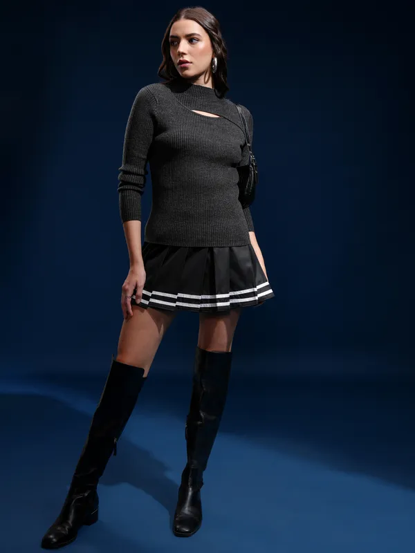 Tokyo Talkies Women Black Mock Collar Sweater